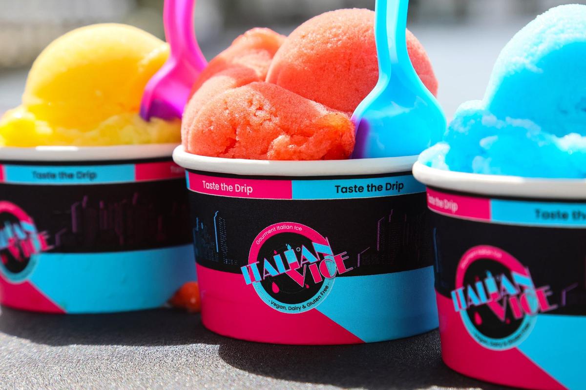 A detailed view of water ice flavors Mango Meek, Saweetie Strawberry and Nipsey Blue by Miami-based water ice company Italian Vice served by company owner Aamir Taylor during an interview by the Miami River in downtown Miami on Friday, Oct. 11, 2024.