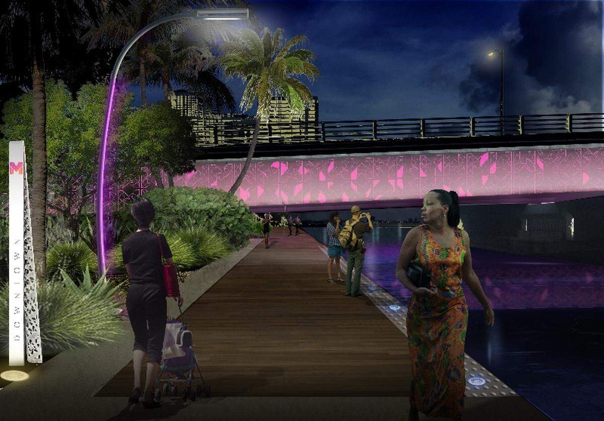 Extending the downtown Baywalk with a floating dock beneath the MacArthur Causeway is a Public Space Challenge grant winner.
