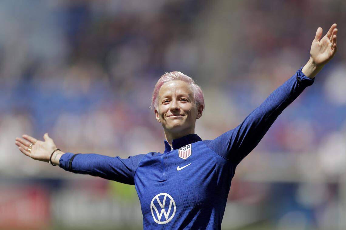United States forward Megan Rapinoe is introduced during a send-off ceremony ahead of the FIFA Women’s World Cup after an international friendly soccer match against Mexico, Sunday, May 26, 2019, in Harrison, N.J. The U.S. won 3-0.