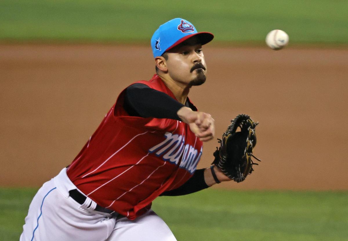 Miami Marlins pitcher Pablo López (49) pitches against the New York Mets during the first inning of their baseball game at loanDepot park on Saturday, May 22, 2021 in Miami, Florida.