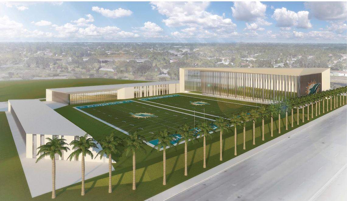 This is an artist’s rendering of the Dolphins’ planned new practice facility, which the team wants to build next to its Miami Gardens stadium. Miami Gardens and Miami-Dade County are preparing to offer the team subsidy deals to help defray costs.