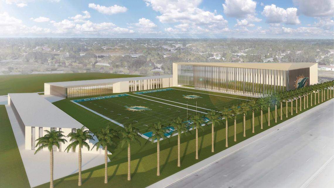 This is an artist’s rendering of the Dolphins’ planned new practice facility, which the team is considering putting next to their Miami Gardens stadium. Miramar is also an option.