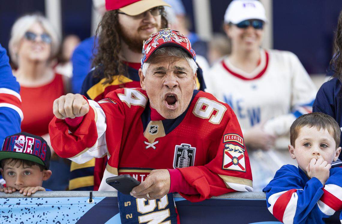 Danny Llamas cheers before the Florida Panthers arrive to loanDepot for their Winter Classic outdoor hockey game against the New York Rangers on Friday, Jan. 2, 2026, in Miami, Fla.
