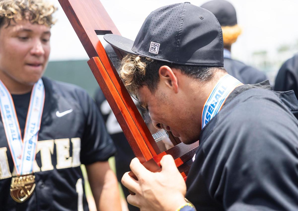 Mater Academy Charter Lions second baseman Eiker Noguera (50) celebrates with his teammates after defeating the Wesley Chapel Wildcats in their Class 5A state baseball championship game at Hammond Stadium on Saturday, May 17, 2025, in Fort Myers, Fla.