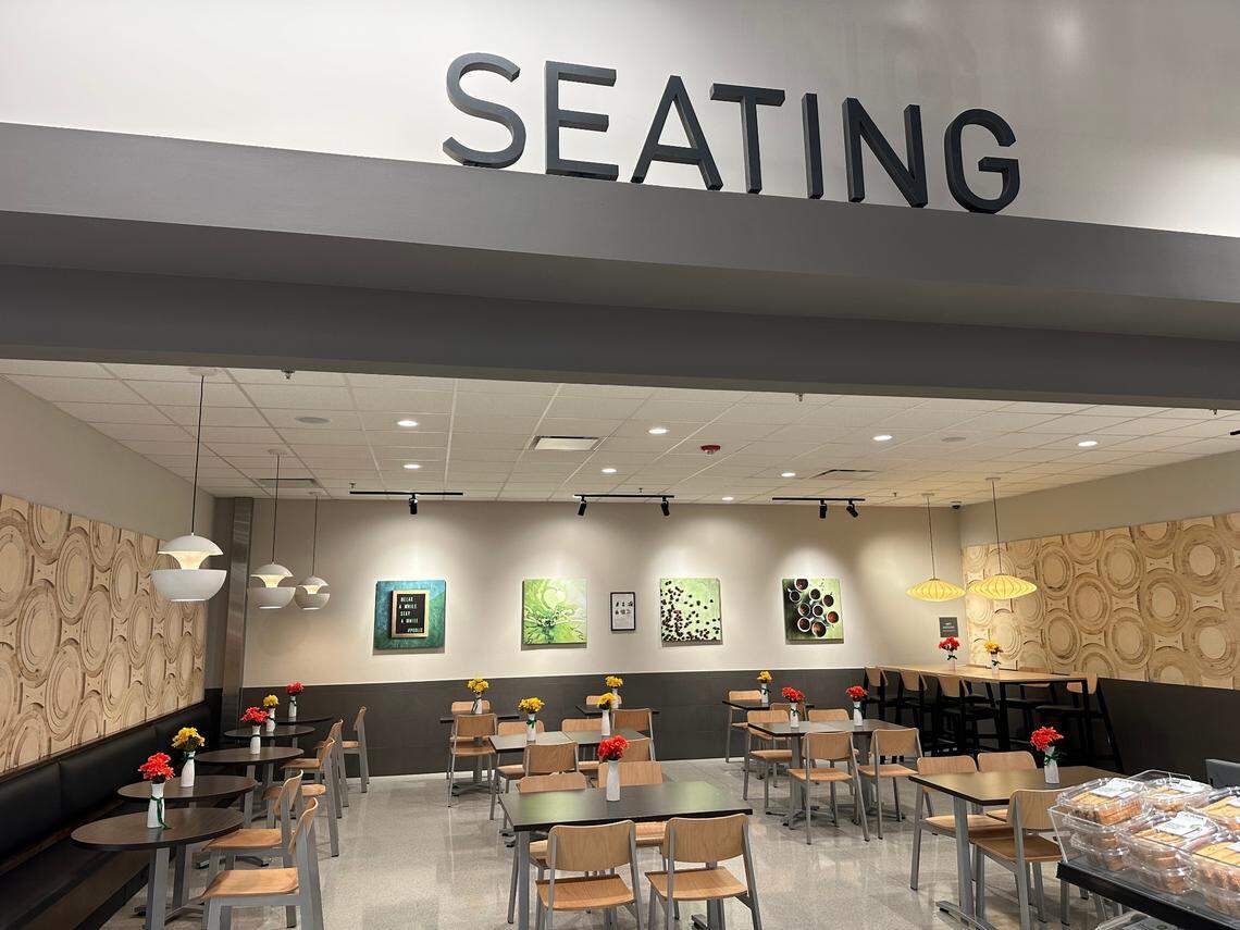 The seating area inside the newly-built 64,000 square foot Key Largo Publix in Tradewinds Plaza off the Overseas Highway on a Sunday evening near closing time, Jan. 19, 2025.