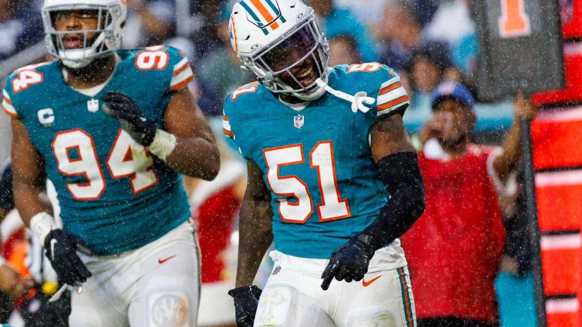 Miami Dolphins linebacker David Long Jr. (51) reacts after a play during second quarter of an NFL football game against the Dallas Cowboys at Hard Rock Stadium on Sunday, Dec. 24, 2023 in Miami Gardens, Fl.