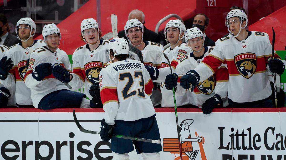 Florida Panthers center Carter Verhaeghe (23) celebrates his goal against the Detroit Red Wings in the third period of an NHL hockey game Sunday, Jan. 31, 2021, in Detroit. (AP Photo/Paul Sancya)
