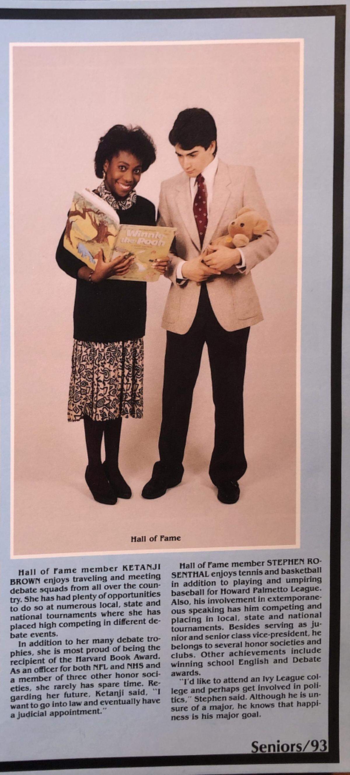Miami Palmetto Senior High School seniors Ketanji Brown and Stephen Rosenthal are pictured as “Hall of Fame” winners in the 1988 Echo yearbook.
