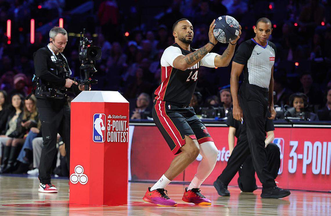 Norman Powell #24 of the Miami Heat shoots a 3-pointer during the State Farm 3-Point Contest during 2026 NBA All-Star Weekend at Intuit Dome on February 14, 2026 in Inglewood, California.
