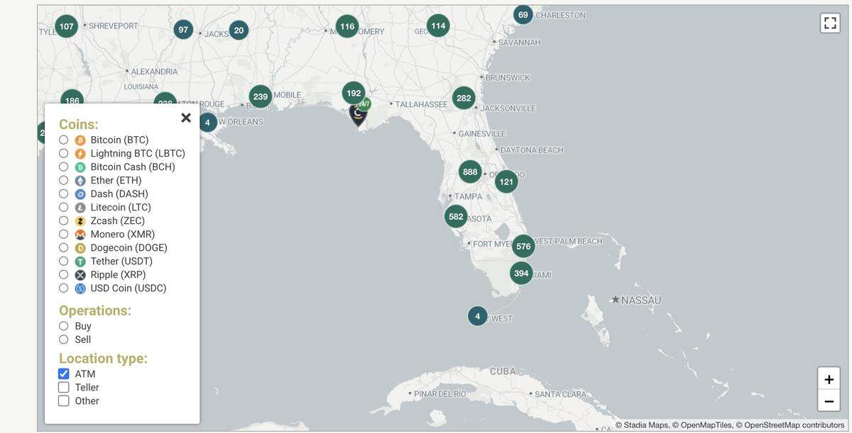 Number and locations of cryptocurrency ATMs in Florida. Credit: Edin Pašović/OCCRP