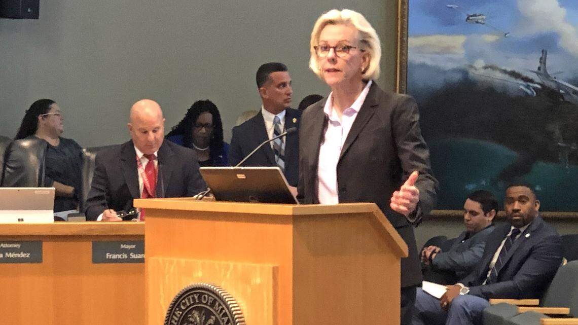 Jane Castor, former Tampa police chief and the person responsible for evaluating Miamis compliance with a federal policing agreement, addresses the Miami City Commission on Thursday, April 25, 2019. Castor was elected mayor of Tampa this week and will withdraw from the Miami job after completing some work.