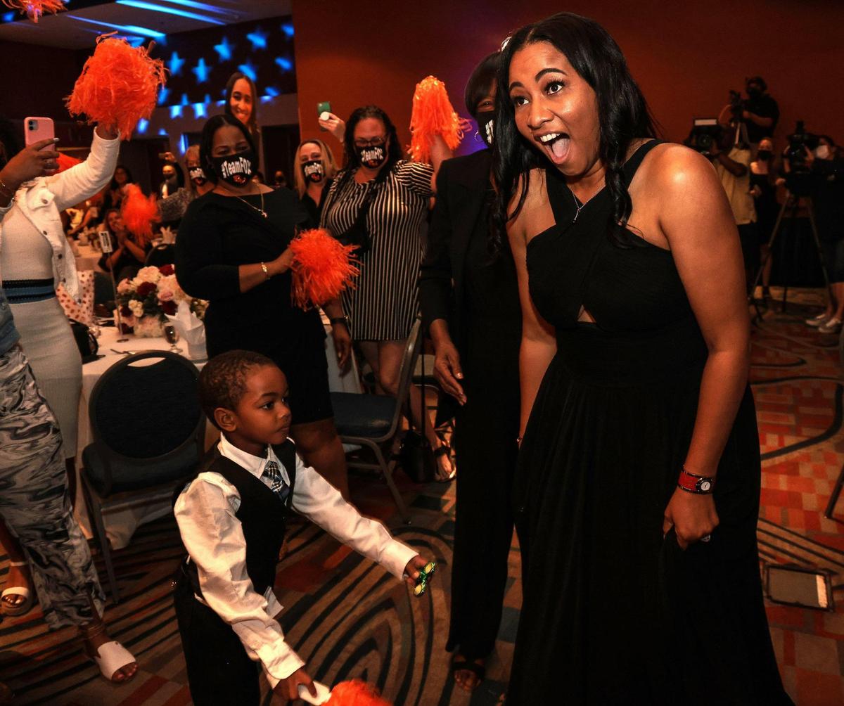 South Miami High’s Unethia Fox reacts after being selected as the 2023 Francisco R. Walker Teacher of the Year for Miami-Dade Public Schools at the ceremony at the Doubletree by Hilton Miami Airport on Thursday, Feb. 3, 2022.