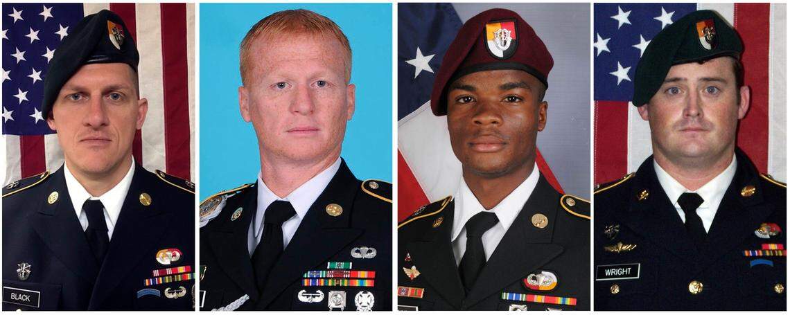 From left, Staff Sgt. Bryan C. Black, 35, of Puyallup, Wash.; Staff Sgt. Jeremiah W. Johnson, 39, of Springboro, Ohio; Sgt. La David Johnson of Miami Gardens, Fla.; and Staff Sgt. Dustin M. Wright, 29, of Lyons, Ga. All four were killed in Niger, when a joint patrol of American and Niger forces was ambushed on Oct. 4, 2017,  by militants believed linked to the Islamic State group.