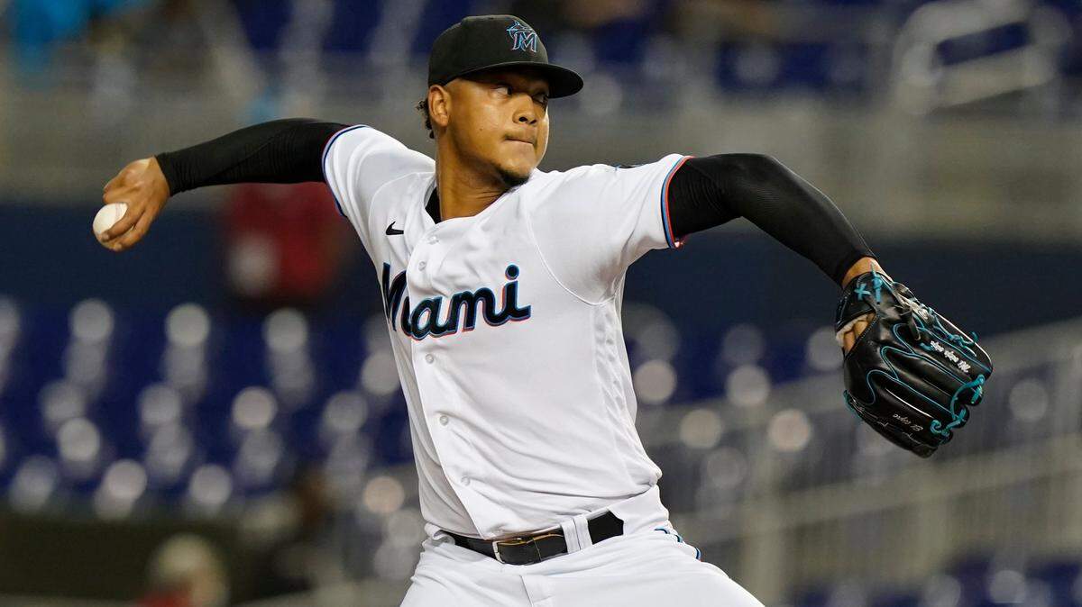 Miami Marlins starting pitcher Elieser Hernandez throws during the second inning of a baseball game against the Washington Nationals, Wednesday, Sept. 22, 2021, in Miami. (AP Photo/Marta Lavandier)