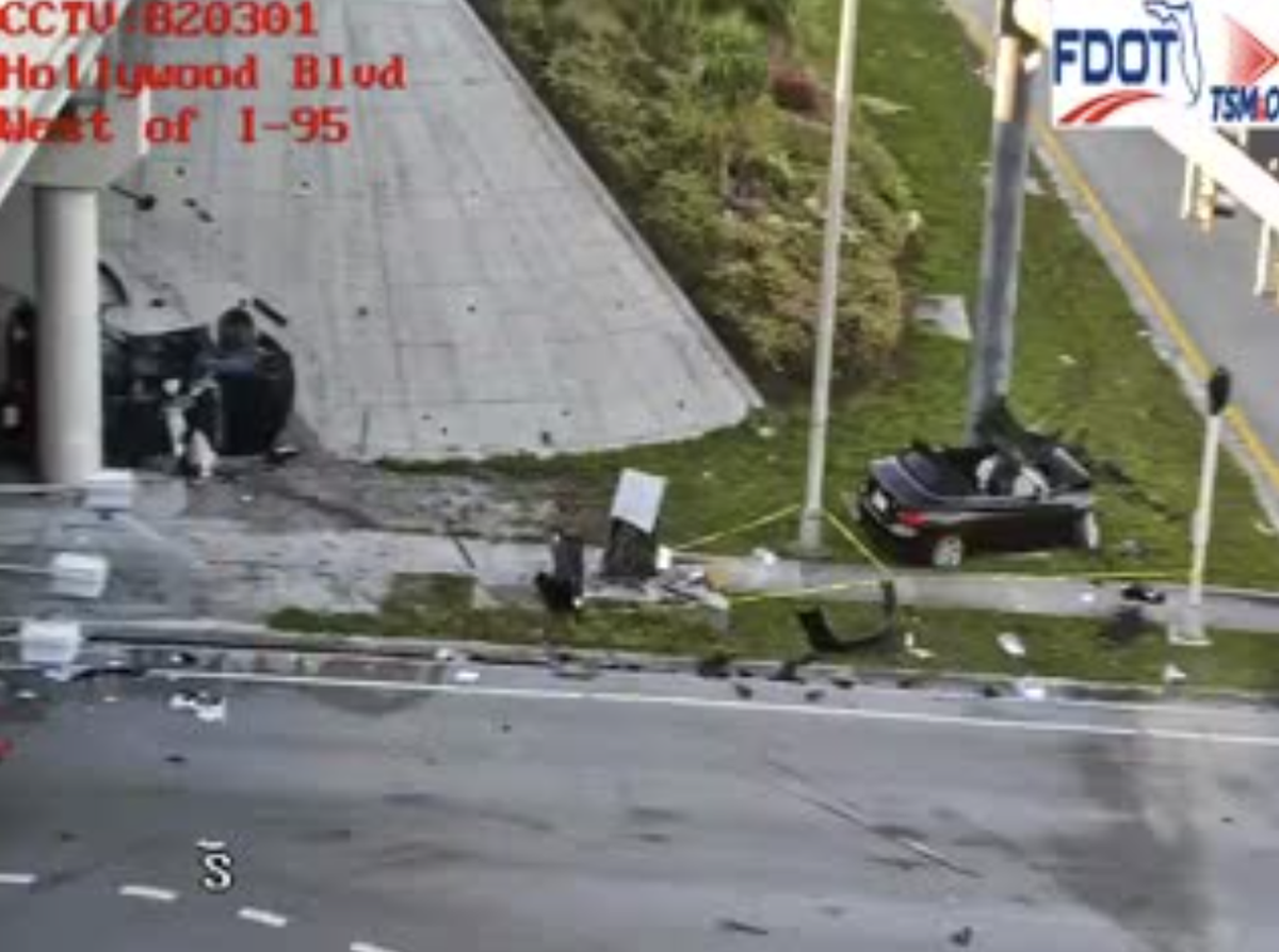 One of the cars was left rolled over on its side against the wall under the I-95 overpass. The other wrecked car was pressed up against a pole.The I-95 ramp remains closed. Hollywood Boulevard is also closed in both directions, according to Hollywood police.&nbsp;
