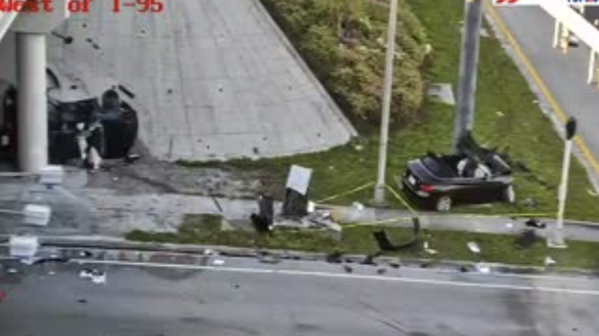 One of the cars was left rolled over on its side against the wall under the I-95 overpass. The other wrecked car was pressed up against a pole.The I-95 ramp remains closed. Hollywood Boulevard is also closed in both directions, according to Hollywood police. 