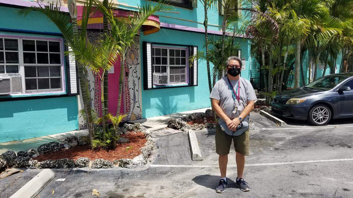 Michael Hoo stands outside the Hoosville Hostel in Florida City on July 15, 2020. The hostel is undergoing renovations.