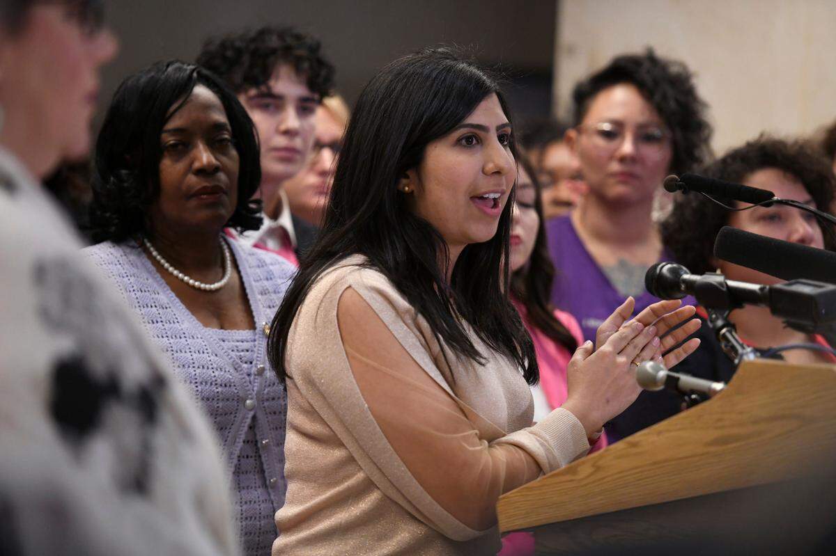 Rep. Anna Eskamani, D-Orlando, an opponent of the SB 404, known as the “parental consent” bill, speaks at a press conference at the Capitol, Wednesday, Jan. 22, 2020 in Tallahassee, Fla. The bill requires girls under the age of 18 get a parent’s consent before having an abortion was approved Wednesday in its final committee stop. (AP Photo/Aileen Perilla)