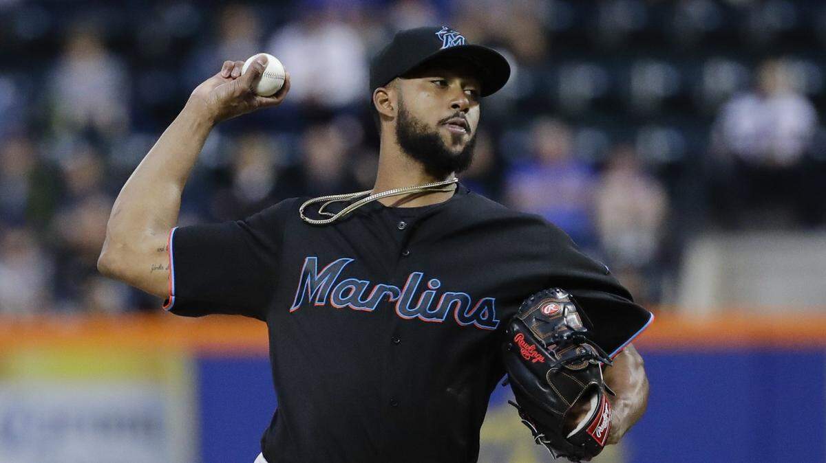 Miami Marlins’ Sandy Alcantara delivers a pitch during the first inning of the team’s baseball game against the New York Mets on Saturday, May 11, 2019, in New York.