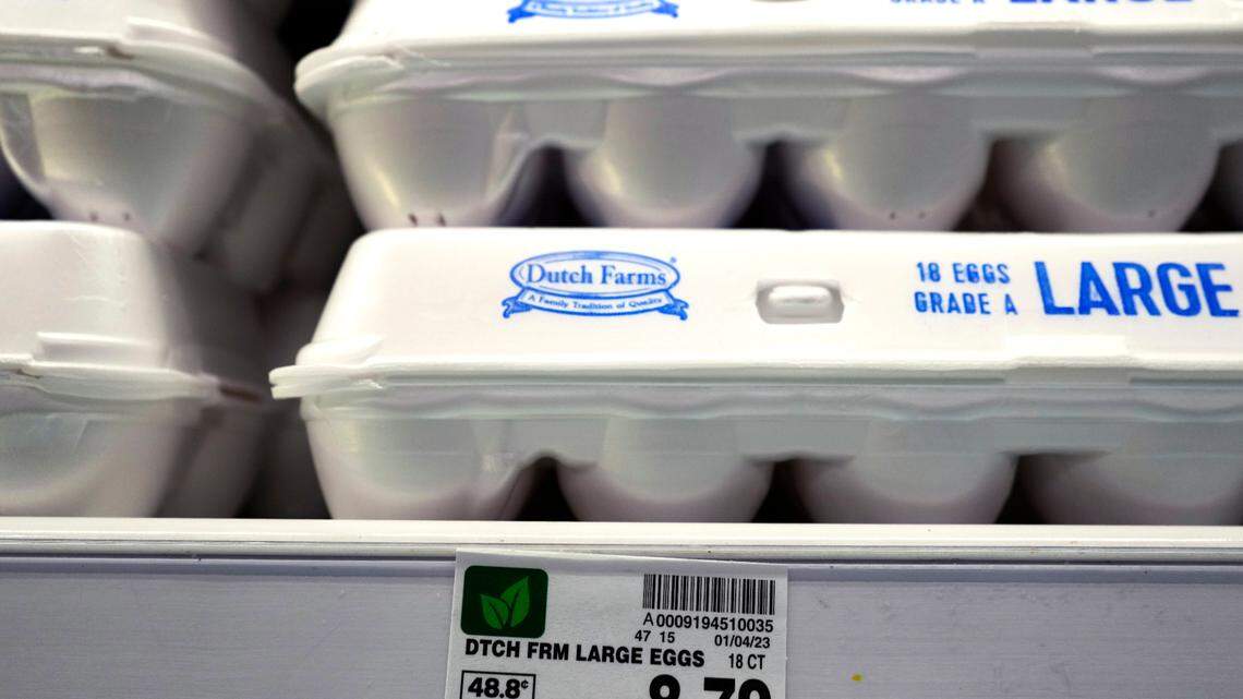 Price of dozen of eggs is seen at a grocery store in Glenview, Ill., Tuesday, Jan. 10, 2023. Anyone going to buy a dozen eggs these days will have to be ready to pay up because the lingering bird flu outbreak, combined with soaring feed, fuel and labor costs, has led to prices more than doubling over the past year. (AP Photo/Nam Y. Huh)