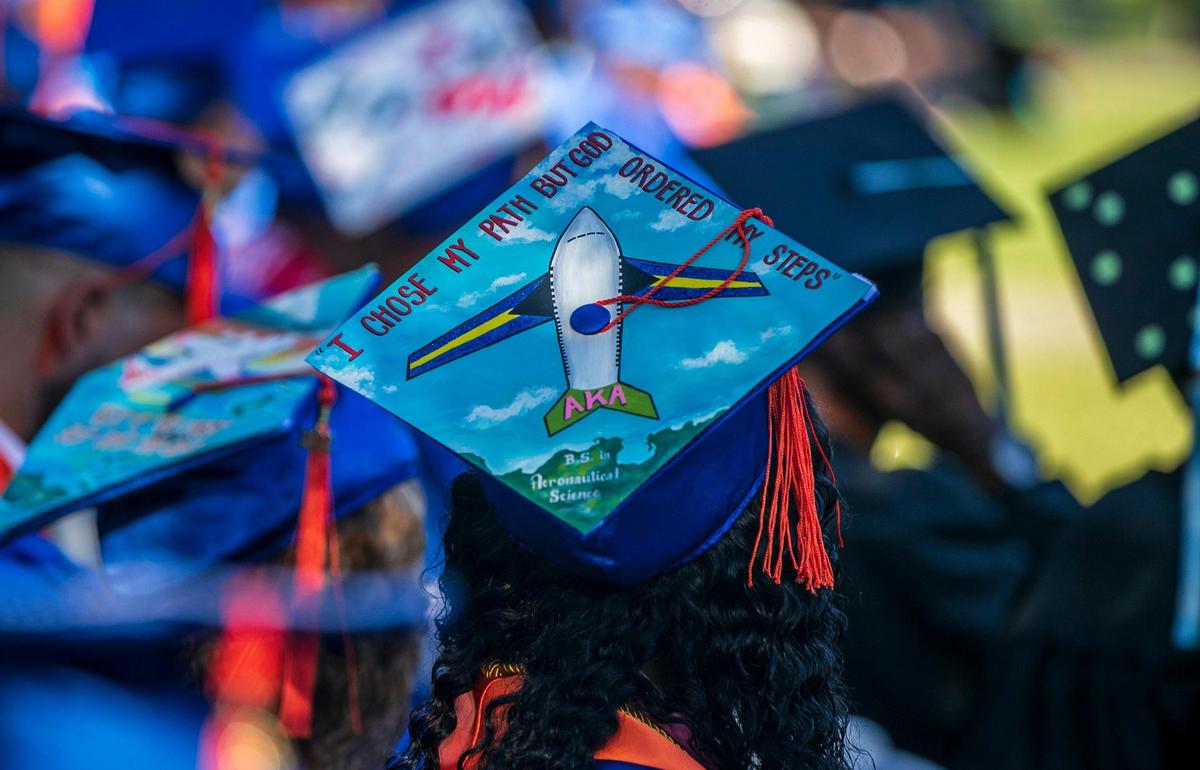 A message on a mortarboard at the Spring 2022 Commencement ceremony at Florida Memorial University in Miami Gardens, on Saturday May 14, 2022.
