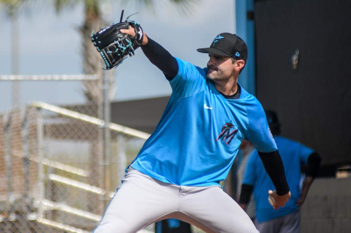 Miami Marlins pitcher Richard Bleier throws a bullpen on Sunday, March 20, 2022, at Roger Dean Chevrolet Stadium in Jupiter, Florida.