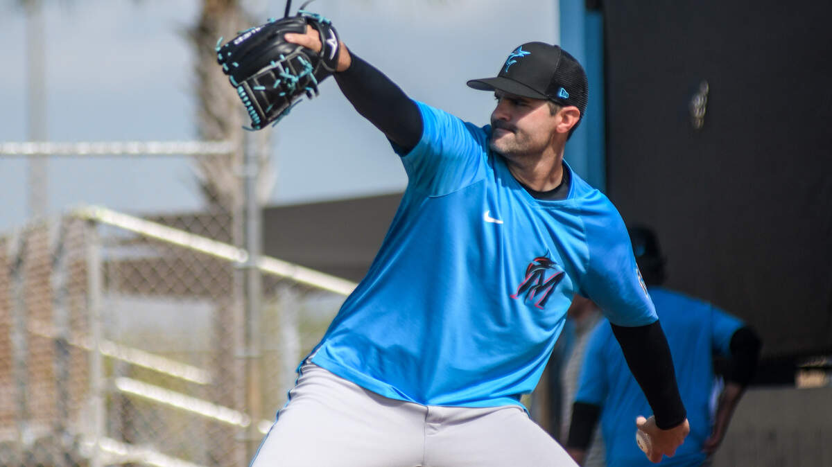 Miami Marlins pitcher Richard Bleier throws a bullpen on Sunday, March 20, 2022, at Roger Dean Chevrolet Stadium in Jupiter, Florida.