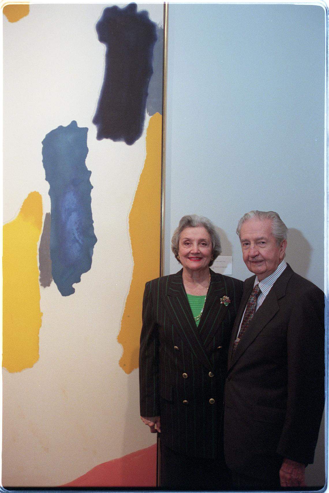 In this file photo from Oct. 28, 1996, the Miami Art Museum unveiled donations of artwork for its collection, including from Tina and Lee Hills that included this acrylic, ‘Blue Jump,’ by Helen Frankenthaler.