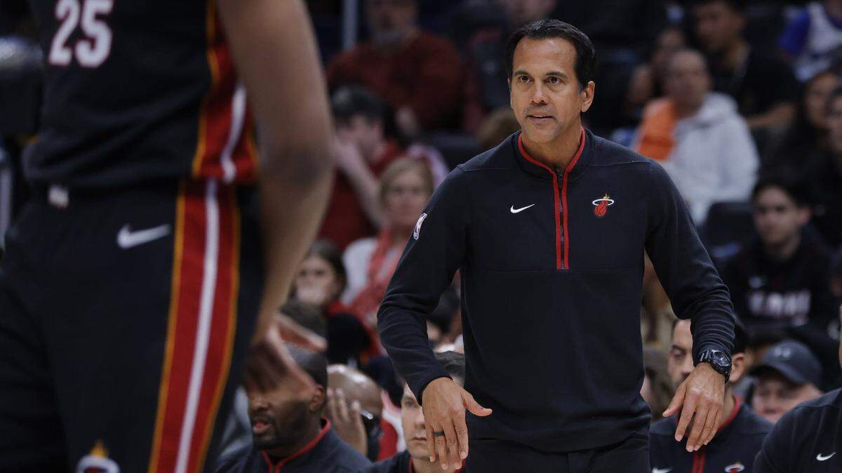 Miami Heat head coach Erik Spoelstra looks on from the sidelines against the Washington Wizards in the third quarter at Capital One Arena.