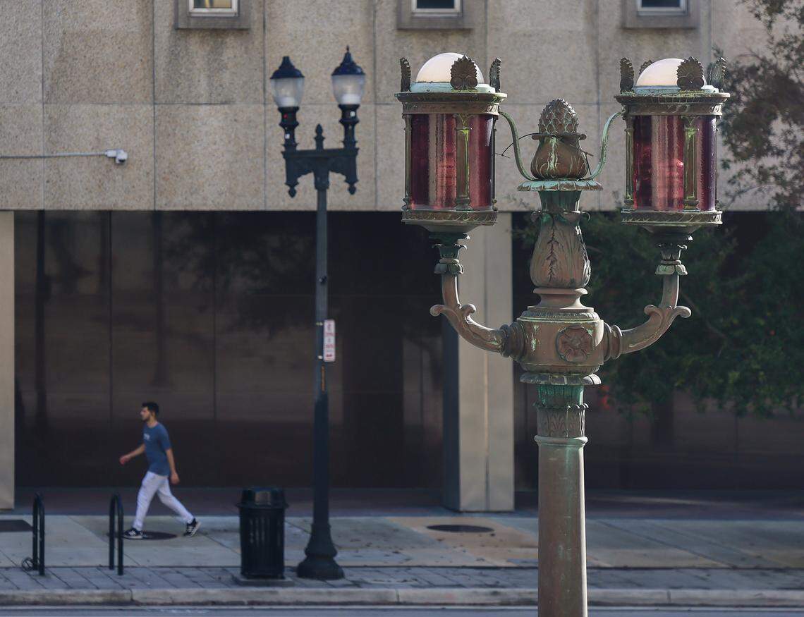 The historic Dade County Courthouse brass lighting fixtures are one of the many historic elements of the old courthouse in Miami, Florida, on Wednesday, January 14, 2026. The Dade County Courthouse is significant as an excellent example of Neo-Classical architecture. The detailing of the remaining historic interior spaces and features continue to reflect this distinctive style and contributes to a more complete understanding of the historic character of the Courthouse.