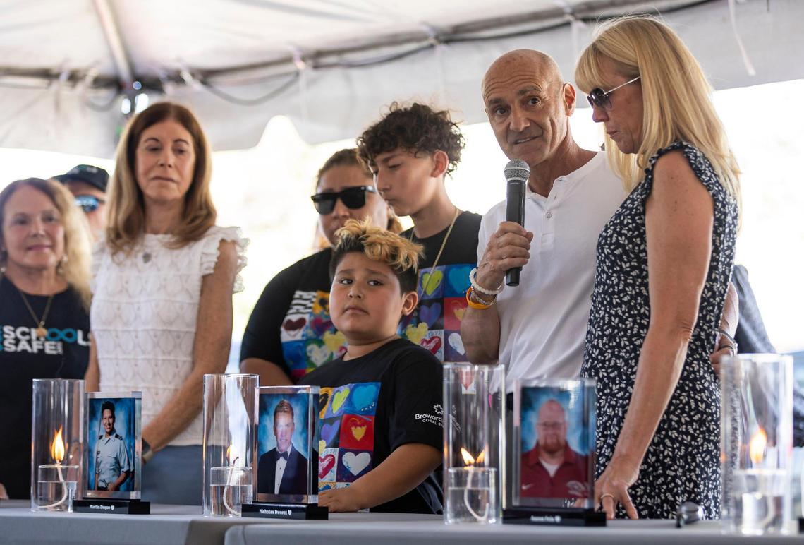 Mitch Dworet, the father of Nicholas Dworet, talks about his son during the ‘Forever in Our Hearts’ commemoration event outside of the Eagles’ Haven Wellness Center on Friday, Feb. 14, 2025, in Coral Springs, Fla. The event aims to honor the 17 lives lost during the Marjory Stoneman Douglas High School shooting in 2018 and their families.