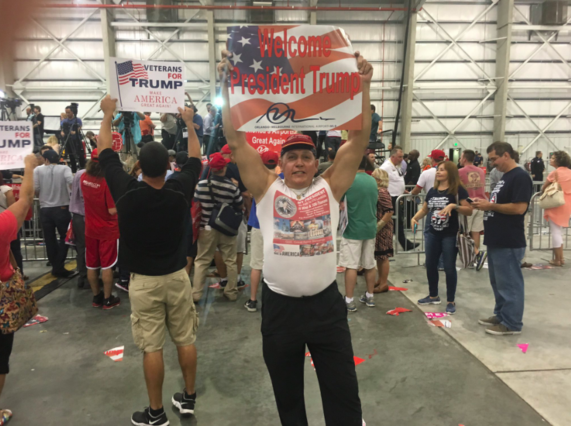 This screen grab of a photo posted to his Twitter account shows Cesar Sayoc, 56, of Aventura, at a rally for President Donald Trump. On Friday, a Miami judge agreed to move Sayoc to New York to face charges of mailing pipe bombs to prominent Democrats.