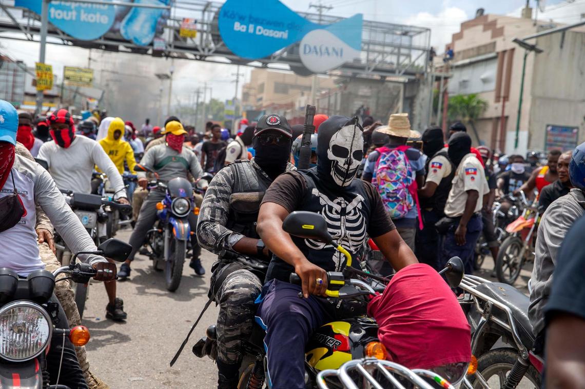 Haiti National Police officers protest for better working conditions and the release of jailed officers in Port-au-Prince, Haiti, Monday, Sept. 14, 2020.