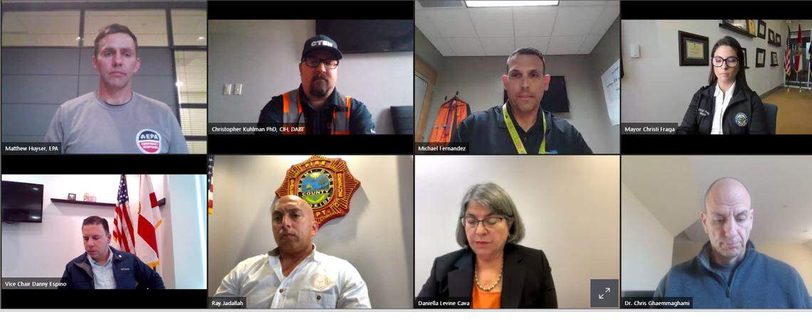 Screenshot from a Miami-Dade County webinar on Feb. 18, 2023. County officials, as well as officials from the EPA and Jackson Health, spoke about the current status of a fire at a Doral trash plant.