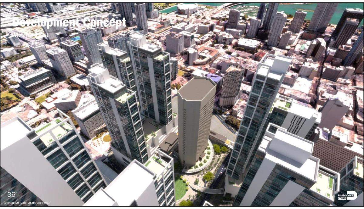 A Miami-Dade County conceptual rendering depicts how a private developer might create a new transit-focused, high-rise residential, civic and commercial neighborhood on public land surrounding downtown’s Stephen P. Clark Government Center tower, at center.
