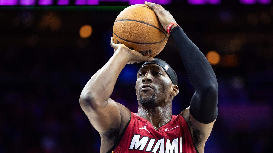 Miami Heat center Bam Adebayo (13) shoots a foul shot against the Philadelphia 76ers during the third quarter at Wells Fargo Center.