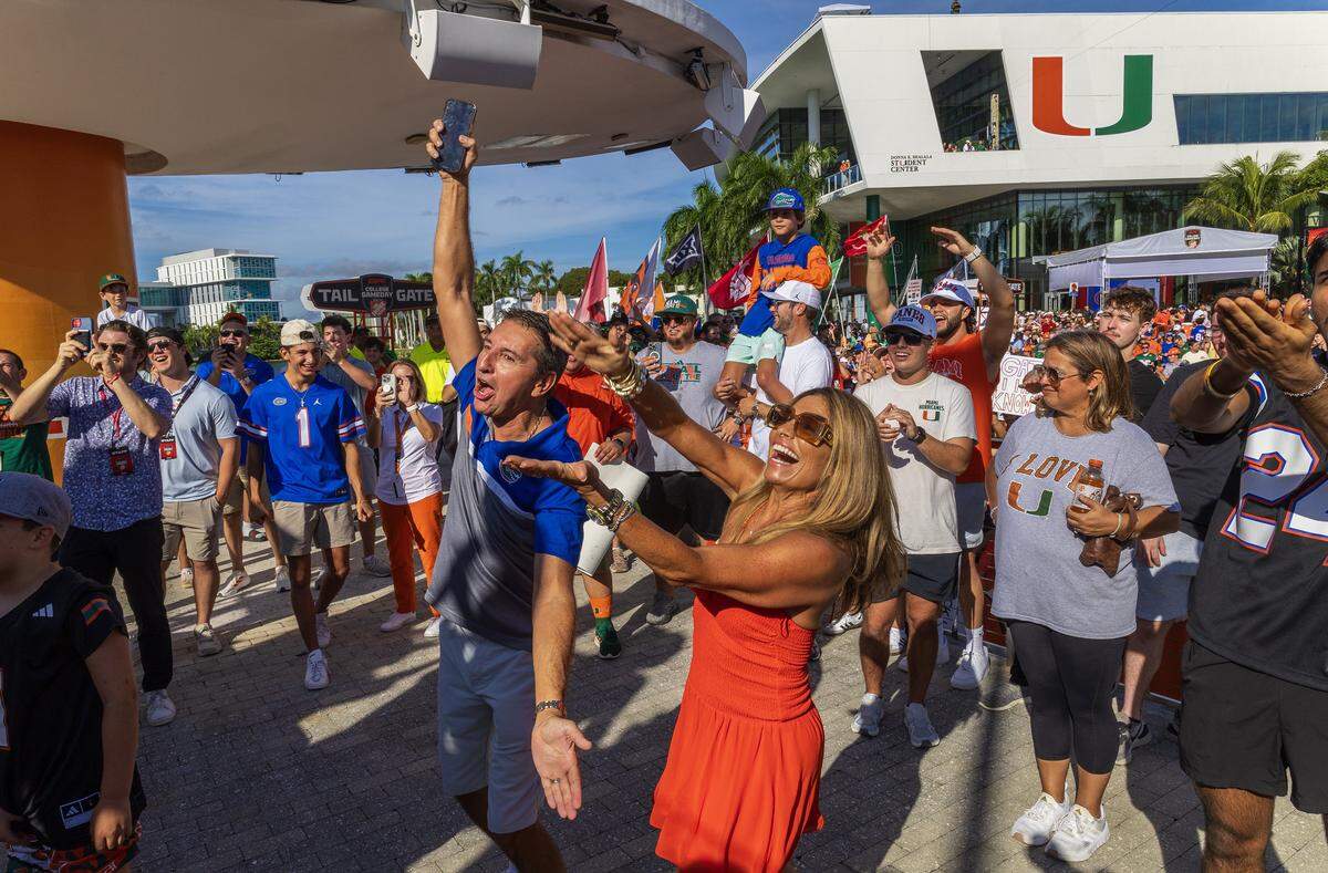 Florida Alligators fan Brad Odilie Bragwell  reacted during the ESPN's College GameDay, live broadcasting, as University of Miami Hurricanes fans gathered to celebrate the Hurricanes ahead of their game against the Florida Gators, on Saturday September 20, 2025.