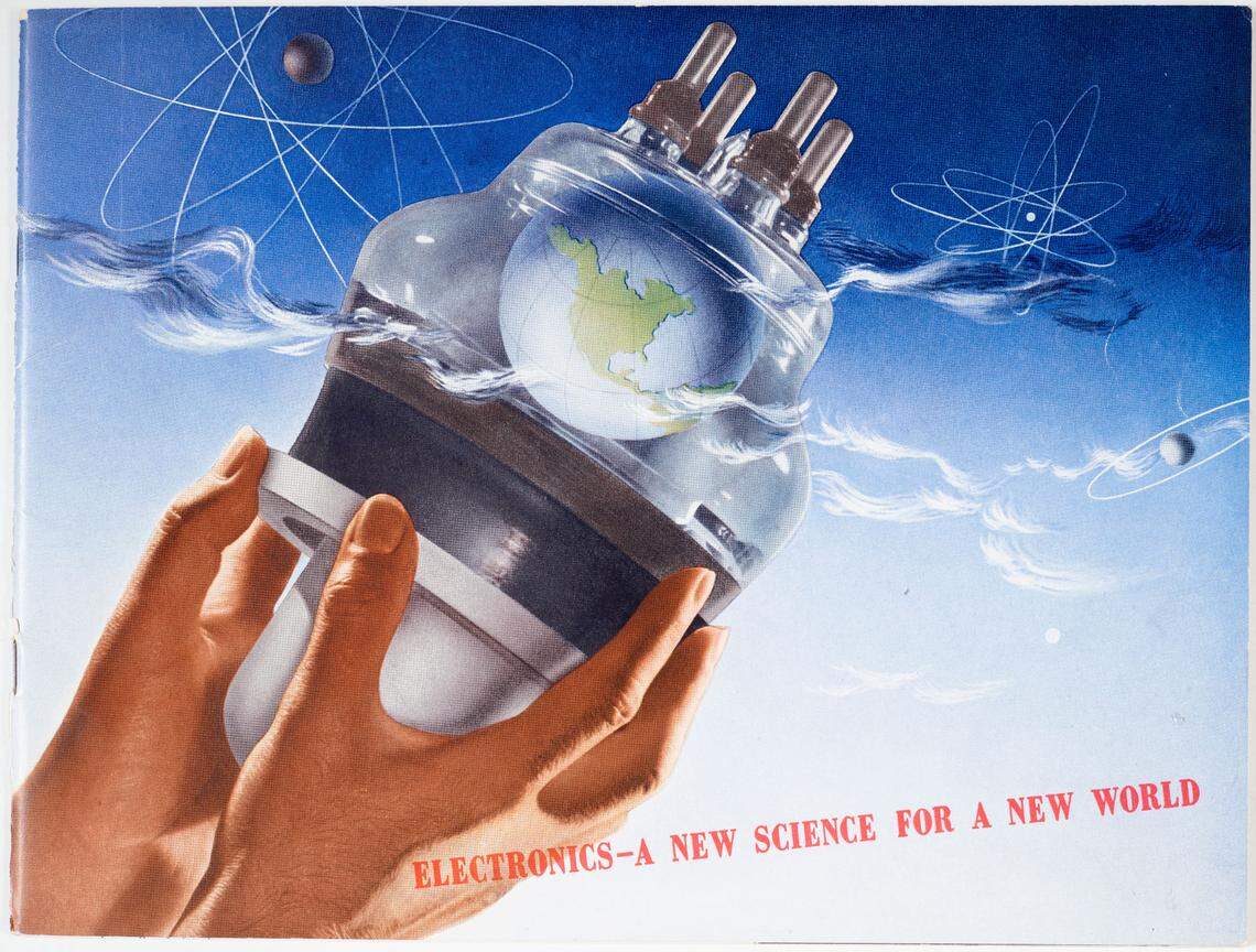Brochure for “Electronics - A New Science for a New World,” by designer Herbert Bayer. From the show “Plotting Power” at the Wolfsonian-FIU, Oct. 28 - April 16, 2023.