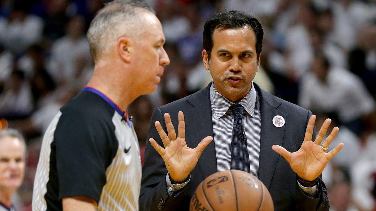 Heat head coach Erik Spoelstra talks to referee Jason Phillips in the in the second quarter of Game 4 an opening round playoff series between the Miami Heat and the Philadelphia 76ers at AmericanAirlines Arena in Miami on Saturday, April 21, 2018. Spoelstra said Wednesday he’s optimistic about this roster.