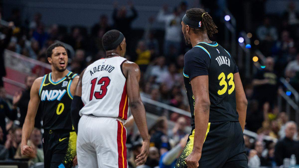 Indiana Pacers center Myles Turner (33) celebrates a basket in the second half against the Miami Heat at Gainbridge Fieldhouse.