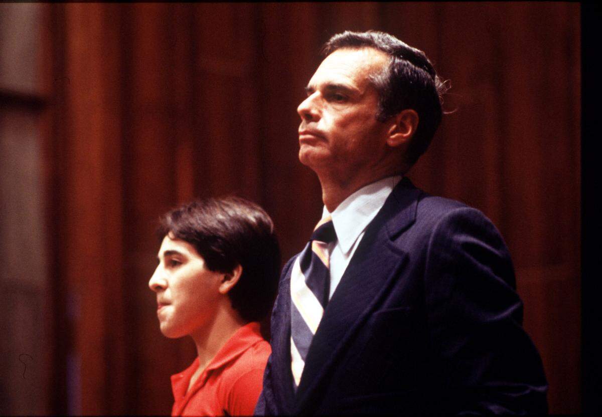 Attorney Ellis Rubin and his client, 15-year-old Ronnie Zamora stand to hear the guilty verdict delivered at Zamora’s murder trial in 1977.