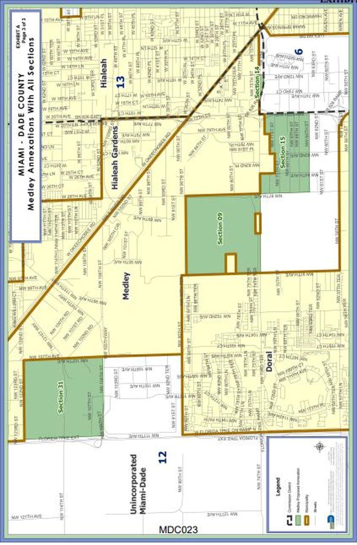The proposed Medley annexation approved by Miami-Dade County commissioners on Nov. 15, 2022. Miami-Dade Mayor Daniella Levine Cava vetoed the legislation, saying the municipality should pay the county fees to mitigate lost tax revenue.