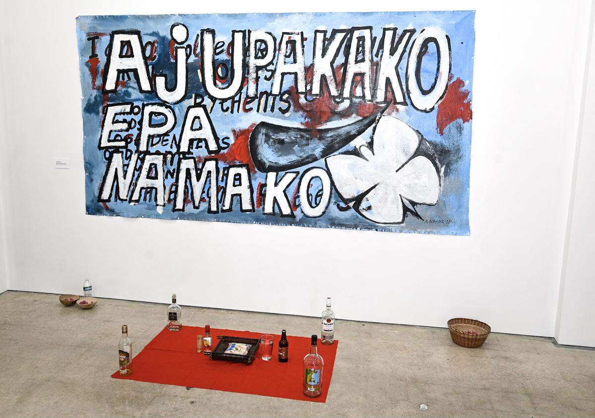 “Wake up and listen” by Surinamese artist Kurt Nahar on display at “Depth of Identity: Art as Memory and Archive” at Green Space Miami.