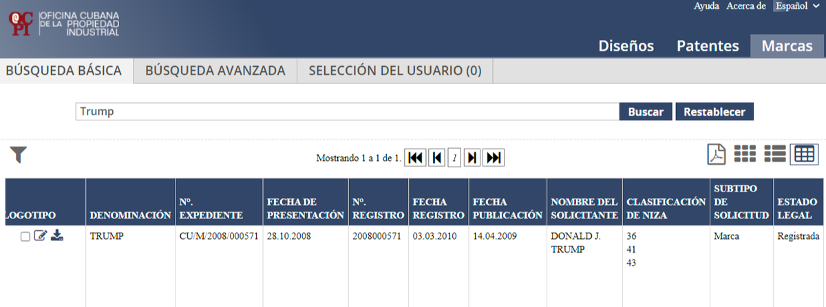 Una captura de pantalla del sitio web de la Oficina Cubana de la Propiedad Industrial muestra detalles de la marca Trump registrada en Cuba.