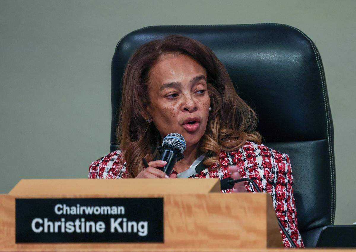 Chairwoman Christine King speaks during a Commission meeting to discuss important items including a proposal to donate $7.5 million in city services to the World Cup when the games come to Miami Gardens next year.at City Hall, on Thursday November 20, 2025.