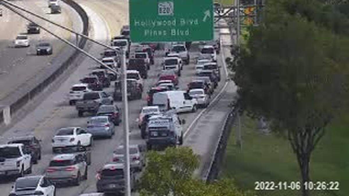 Northbound Florida Turnpike traffic being pushed off at Hollywood Boulevard at 10:29 a.m. Sunday.