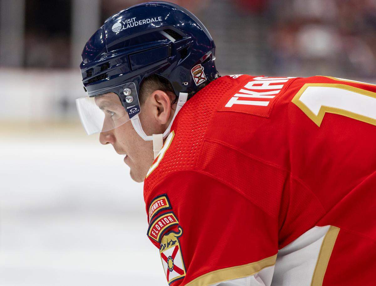 Florida Panthers left wing Matthew Tkachuk (19) looks on during a face-off against Toronto Maple Leafs in the second period of their NHL game at the Amerant Bank Arena on Thursday, Oct. 19, 2023, in Sunrise, Fla.