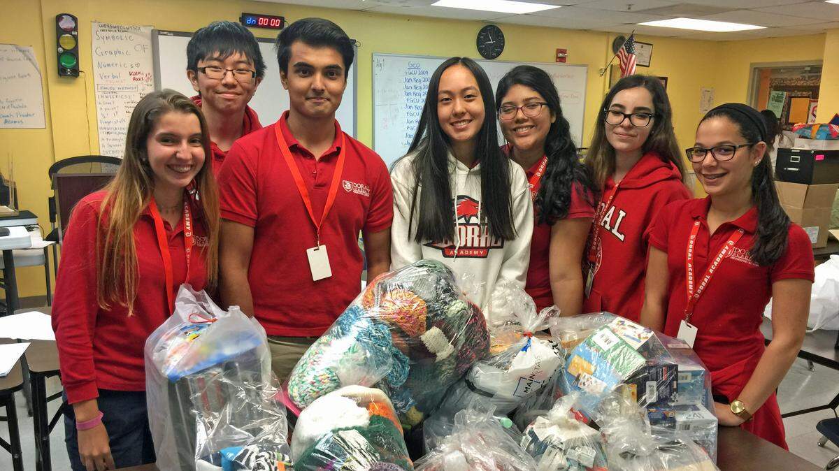 Doral Academy Preparatory School students from the Mu Alpha Theta Math Honor Society created cancer kits for patients at Joe DiMaggio Children’s Hospital. From left, Dangely Canabal, Tae Lee, Srijeet Chakravarty, Irena Lian, Veronica Quirozo, Maria Pelayo and Darleidy Hernandez.
