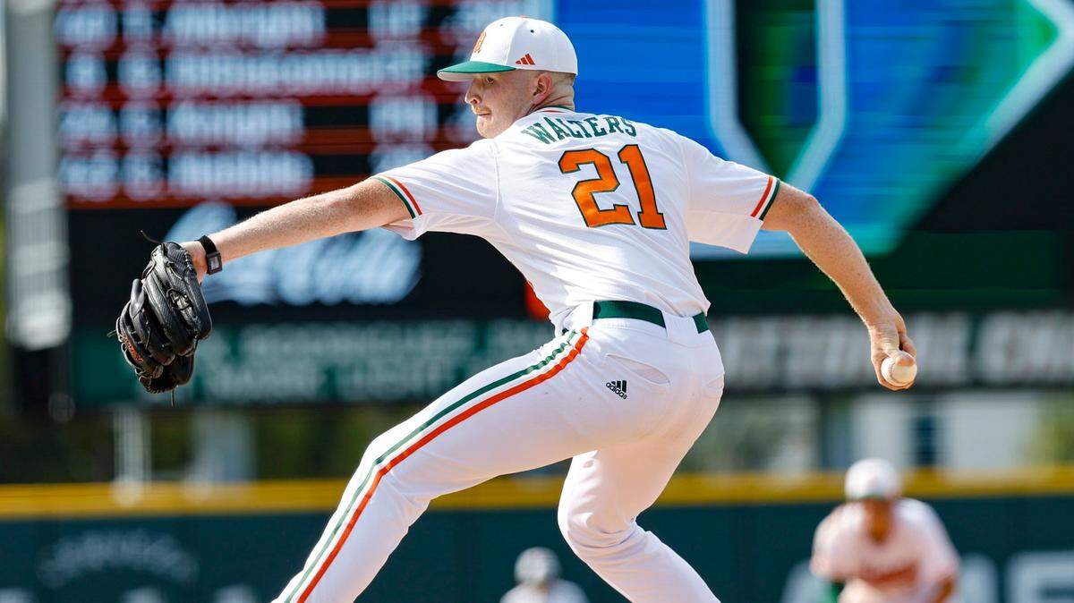 The closer, Miami Hurricanes pitcher Andrew Walters (21) pitches in the ninth inning against Duke at Mark Light Field at Alex Rodriguez Park in Coral Gables, Florida on Saturday, May 20, 2023.