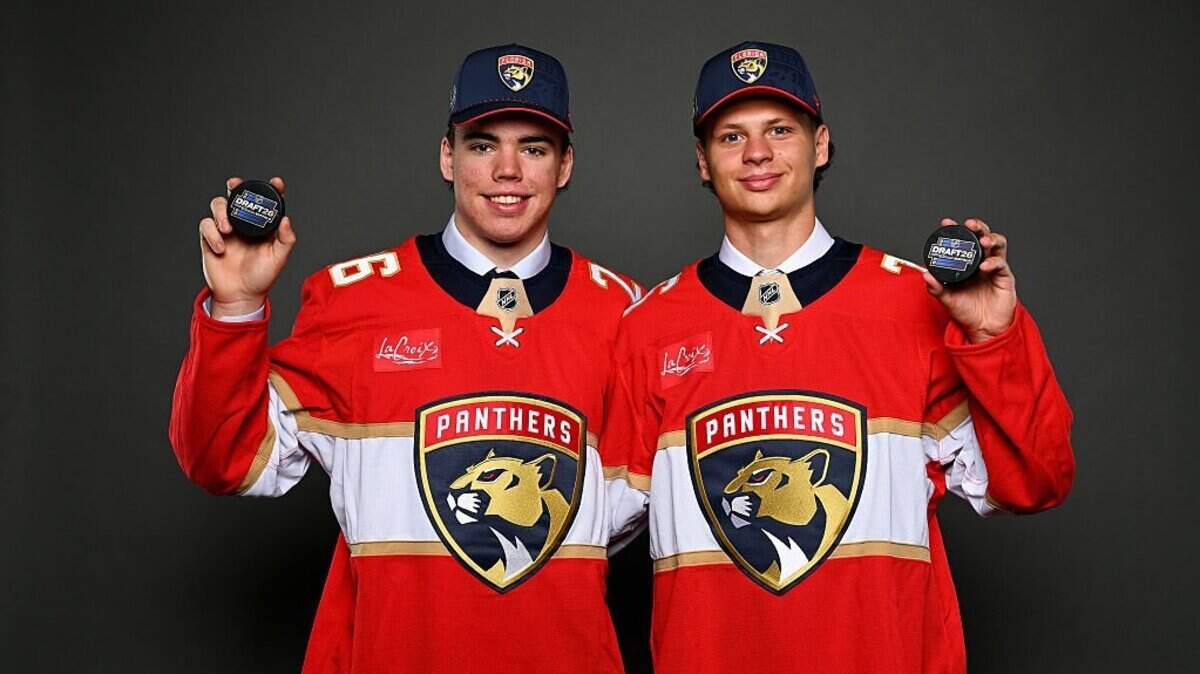BUFFALO, NEW YORK - JUNE 27: Ryder Cali and Simas Ignatavicius pose for a portrait after being selected 48th and 40th overall by the Florida Panthers during day two of the 2026 NHL Draft on June 27, 2026 in Buffalo, New York. (Photo by Joe Hrycych/Getty Images)